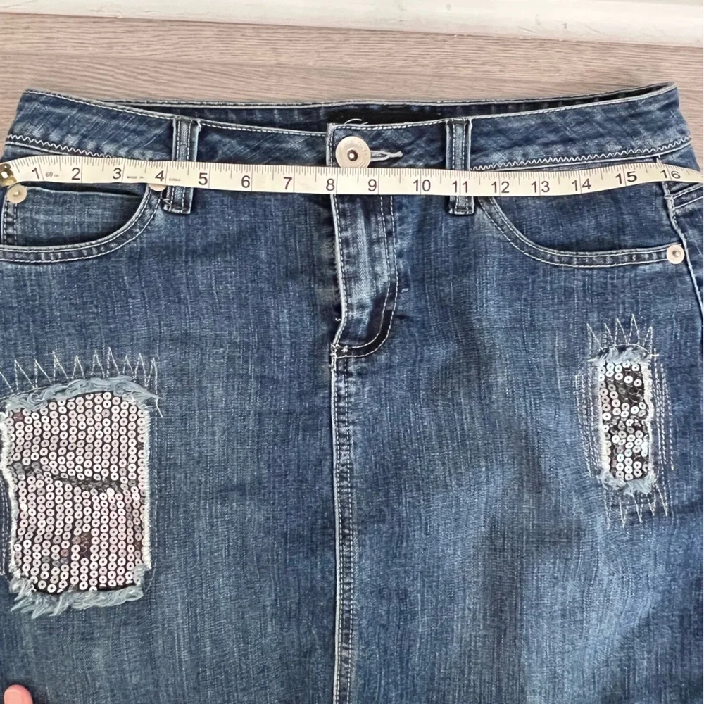 Christiana Zinn Denim Blue Sequin Pencil Skirt Knee-Length Casual, Size 8